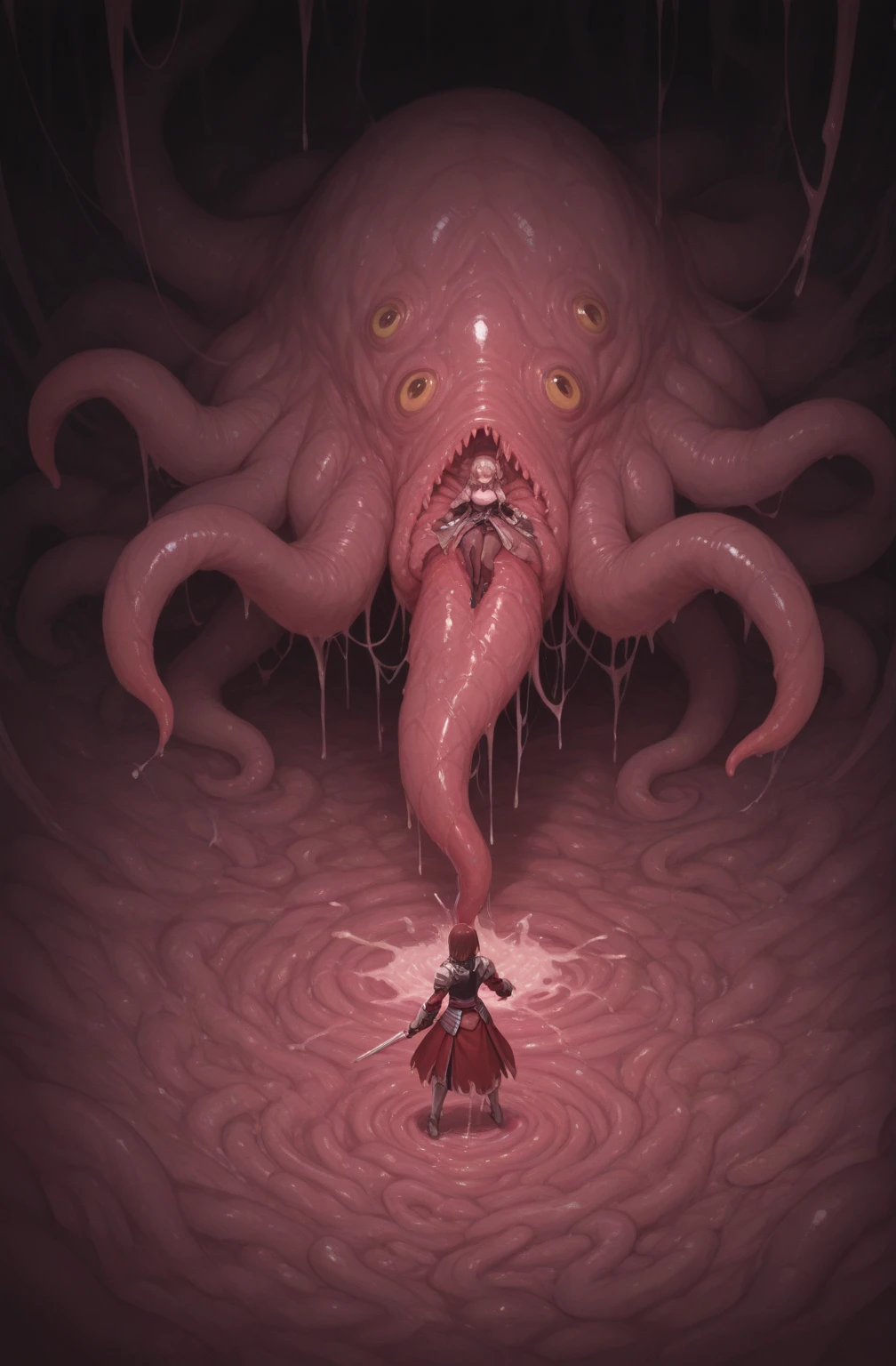 A lovely female indiana Jones (sexy explorer outfit), has discovered the throne chamber in an ancient ruin. (Eldritch symbols cover the odd obsidian wall partly obscured by slimes, molds, and fungus), (A throne of power(made of bone and gold pulsing with evil energy, its guardian is an enormous eldritch horror with many slimy tentacles and an enormous maw) beckons to her to approach the empty throne.