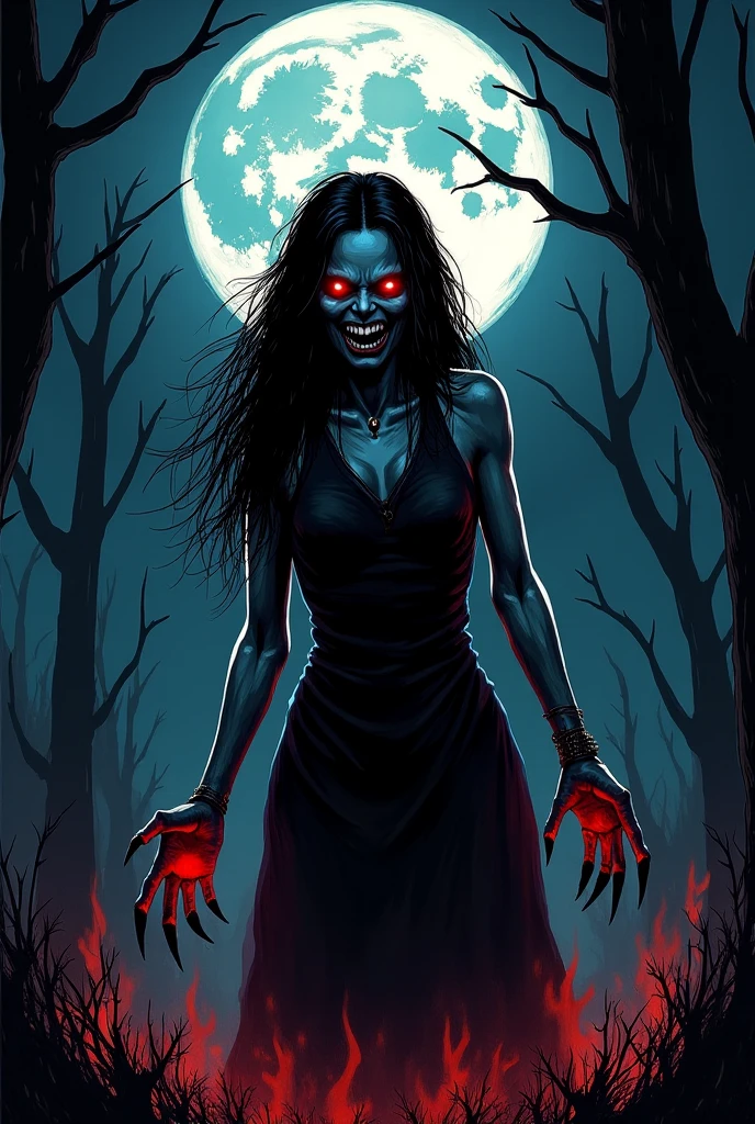 a classic comic book cover, horror illustration style. Titled written ((SITI BALIK BANG..)). She is a zombie woman, white pale skin, wearing white slubby long cloth, long black hair, crawling, coming out from the terrain in front of a Malay house in the night. traditional Malay village house in distance. background of tropical forest and silhouette man using torchlight.