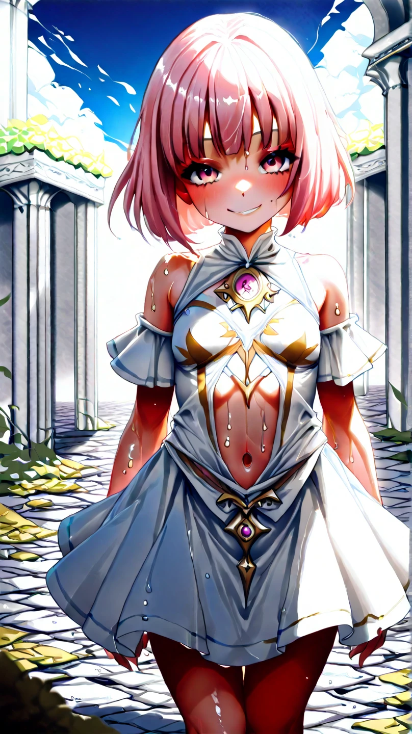 ((pretty Costumes)), ((Silver Skirt)), skinny, solo, 1 woman, Masterpiece, highest quality, highest quality, 16K, incredibly absurd, highly detailed, 2.5D, delicate and dynamic, very delicate facial expressions, delicate eye depiction, erotic, only sexy woman, healthy figure, 25-year-old woman, bride, 160cm tall, medium firm swaying bust, (short hair), (pink hair:1.5), bob cut, black eye, smile, ((thin thighs)), (visible nipples:0.7), (camel toe:0.3), ((shiny and lustrous)), facing straight at viewer, (standing), sexy pose, Bright outdoor park during daytime, cowboy shot, (arms behind back),