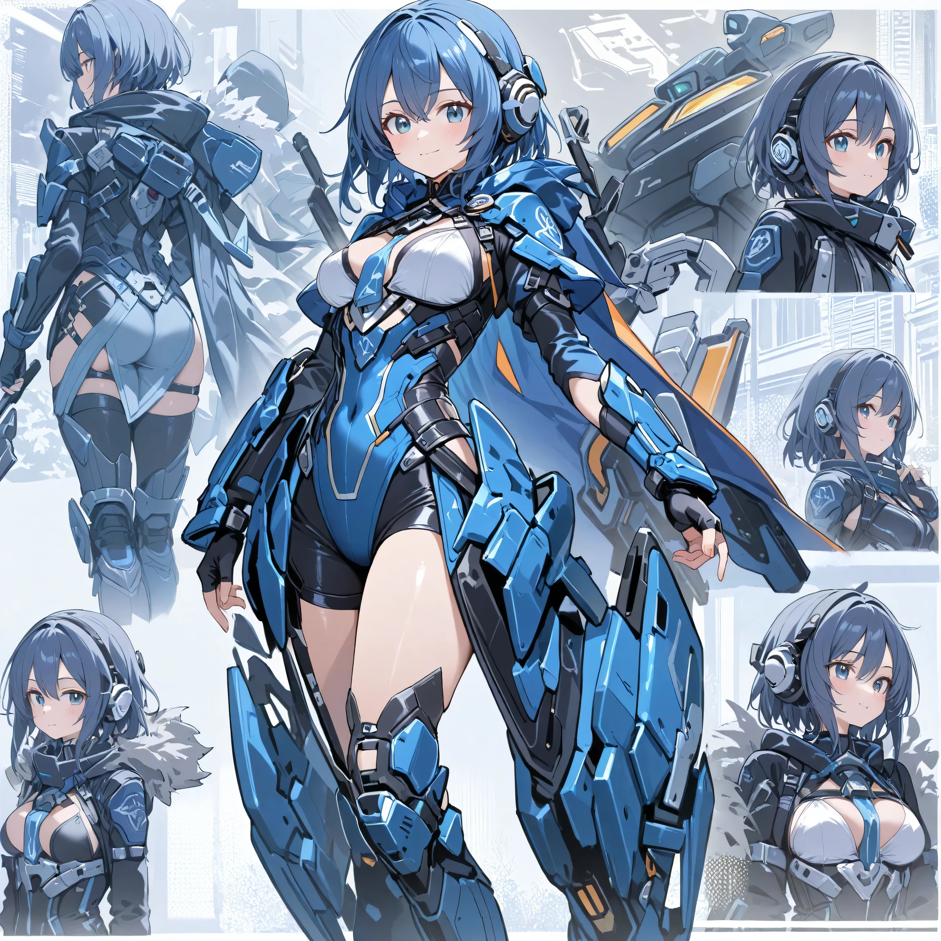 (masterpiece、highest quality、Highest Resolution、Clear_image、Detailed details、Angle from above): (Whole body、One 20 year old girl、Japanese Faces、Small Face、Slender、Navy blue super short bob cut hair、(Hidden small breasts:1.3)、Sparkling blue eyes、Shiny pilot suit in blue and black colors、Chest protection armor、Tight fitting clothes、Clothing that covers the whole body、Glamorous clothes、Tight Fit Pants、Hide your skin、Very delicate and beautiful、Detailed Skin、hide thighs、Hide your ass、Cute、A gentle smile、Soft expression、heroine、headset、Knee-high boots、Elbow-length gloves、Eye Level Shot、Face directly、Woman on a spaceship)