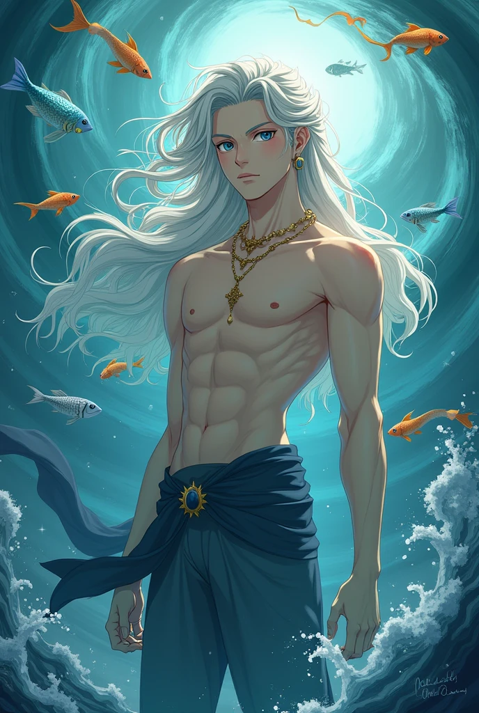 A merman with long white hair as pure as snow, complemented by a mermaid tail. Her bright yellow eyes shine like the sun, reflecting his regal and royal nature.
