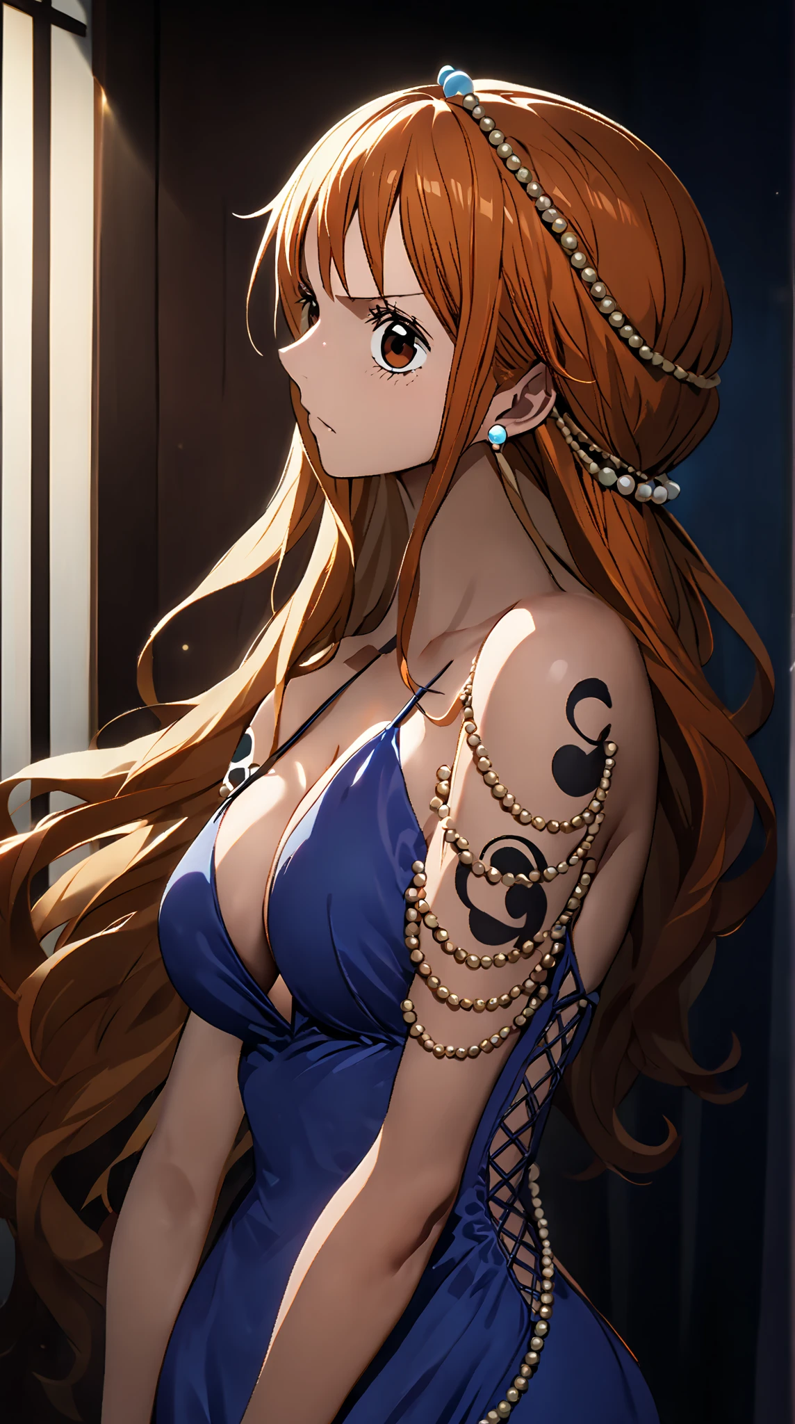 (masterpiece), best quality, (HD), (8k), 4k, HD, FULL HD,(((1milf:1.0))), extremely detailed, HDR, perfect face, nami (one piece), long hair, orange hair, (hair ornament:1.1), brown eyes, (jewelry:1.1), earrings, bare shoulders, shoulder tattoo, cleavage, sleeveless, bracelet, pelvic curtain, side slit, alternate custome, fishnet bodysuit
reverse bunnysuit
heart pasties