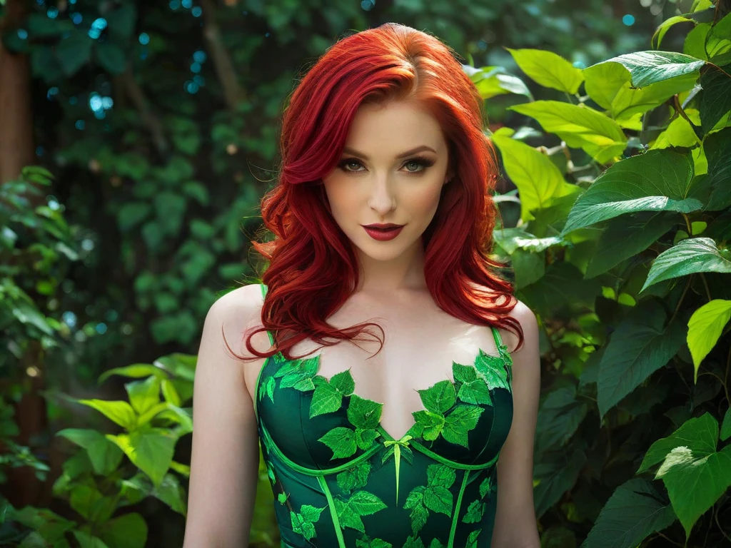 irina_meier, red hair, portrait, realistic,, ((sharp face, detailed face, realistic face, naturtal skin, realistic skin, detailed skin, pores, detailed eyes,realistic eyes)), huge breasts, cleavage, fullbody, poison ivy cosplay, poison ivy, green leaves,