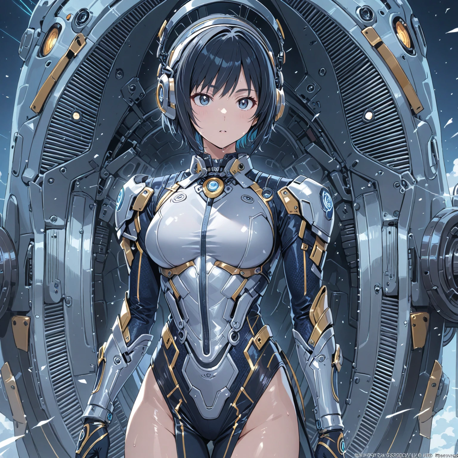(masterpiece、highest quality、highest resolution、clear_image、detailed details、Angle from above): (full body figure、One 20 year old girl、Japanese faces、small face、Slender、Navy blue super short bob cut hair、(hidden small breasts:1.3)、sparkling blue eyes、Shiny pilot suit in blue and black colors、armor that protects the chest、tight fitting clothes、clothes that cover the whole body、shiny clothes、tight fit pants、hide the skin、very delicate and beautiful、detailed skin、hide thighs、Hide your ass、cute type、gentle smile、soft expression、heroine、headset、Knee-high boots、gloves up to the elbow、eye level shot、facing directly、woman on a spaceship)