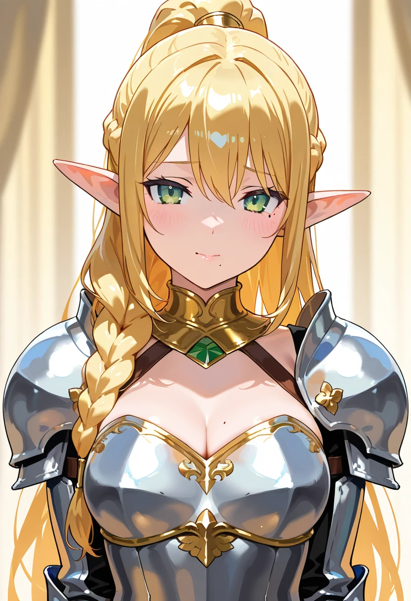 highest quality、Very detailed、High resolution、16k、Thin contours、Elf with long ears、I can see her nipples、Shining golden armor、Golden Bikini Armor、Very big boobs、Very big boobs、Very transparent white skirt、Boob Proportion、Smile of the Goddess、Elf girl、Very white skin、Beautiful fingers、Perfect Style、Elf、No bra、Blonde hair and blue eyes、Cool smile
