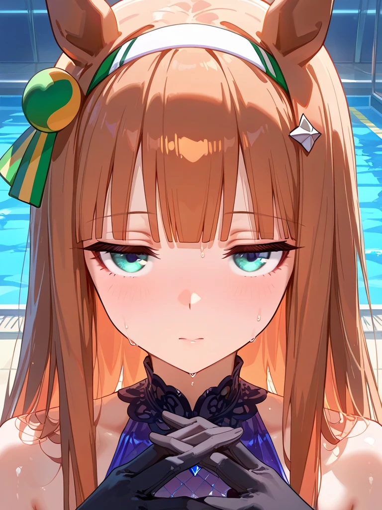 tmasterpiece，hoang lap，（Complicated details），（rich colourful），cinmatic lighting，bust，the Extremely Detailed CG Unity 8K Wallpapers，hyouga hanabi，Low hair tied long，looking at view, completely naked，inside in room，swimmingpool，perspire。Be red in the face，Blushlush，，perspire，nase，Kneel inside the pool