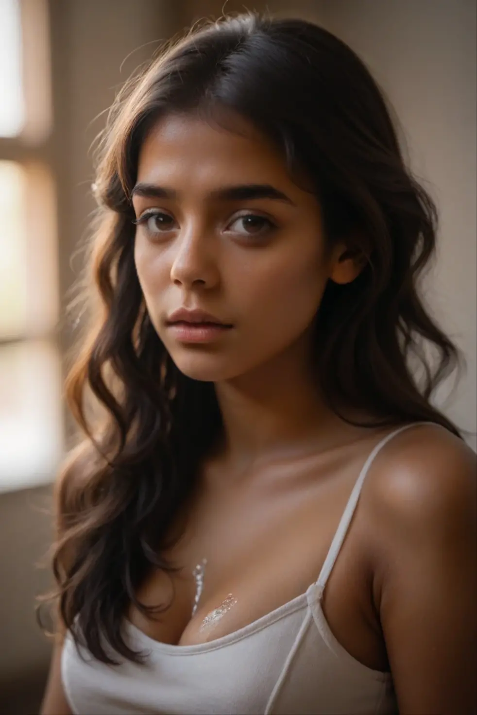 Photo of a 22-year-old Latina girl, .RAW, beautiful woman, ( long wavy black hair), grosse poitrine , ((portrait)), ((Detailed face: 1.2)), ((Detailed facial features)), (finely detailed skin), pale skinned, Highly detailed deep-neckline skin-tight leather shorts with white top , Environment of megacities, (couleurs froides), humide, humide, reflections, (Masterpiece) (proportion parfaite)(photo realist)(Best quality) (Detailed) photographed on a Canon EOS R5, Objectif 50mm, f/2.8, Hdr, (8k) (wallpaper) (lighting cinematic) (dramatic lighting) (mise au point nette) (complexe) , visage avec baiser soufflant , A very beautiful woman