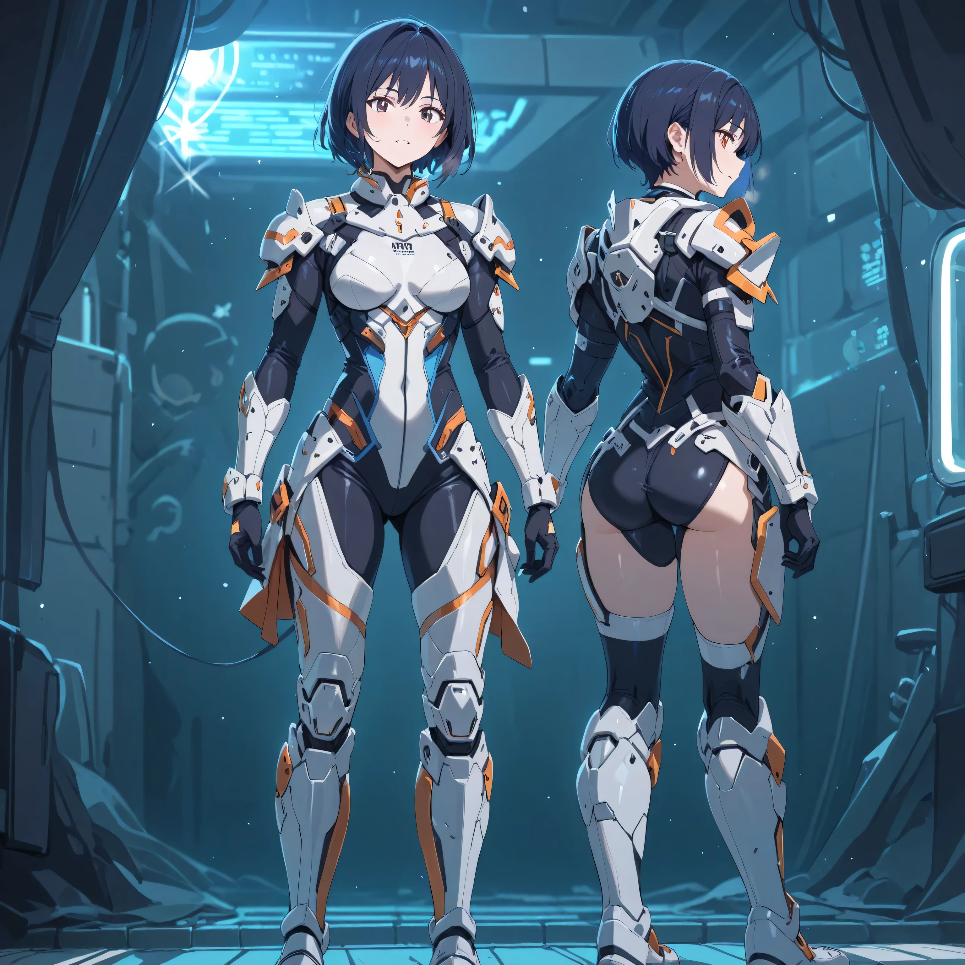 (full body) (same character front, back, side view) (model sheet) (multiple views of the same character), beautiful eyes, anime woman, perfect anatomy, delicate face, short brown hair, skin very white, wearing black robotic futuristic technological black suit with energy circles on shoulders with blue led lines