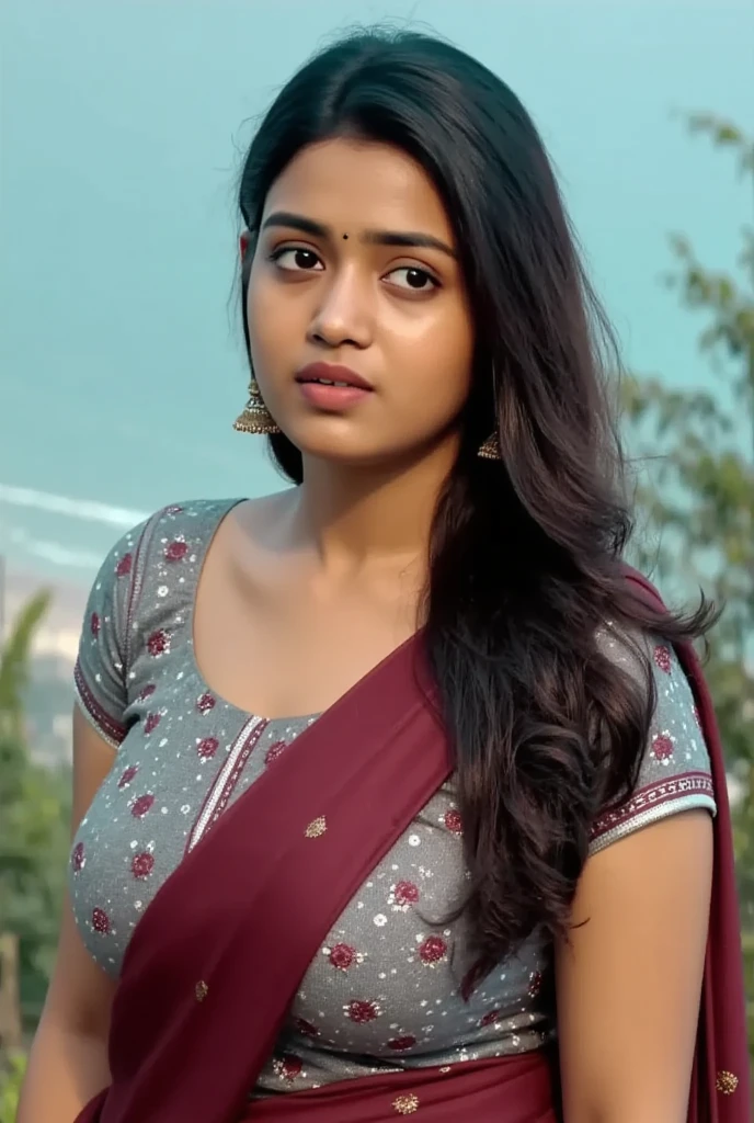 beautiful cute young attractive indian teenage girl, village girl, 18 years old, cute, Instagram model, long black_hair, colorful hair, indian, huge big breasts, little smiling, smooth face very realistic