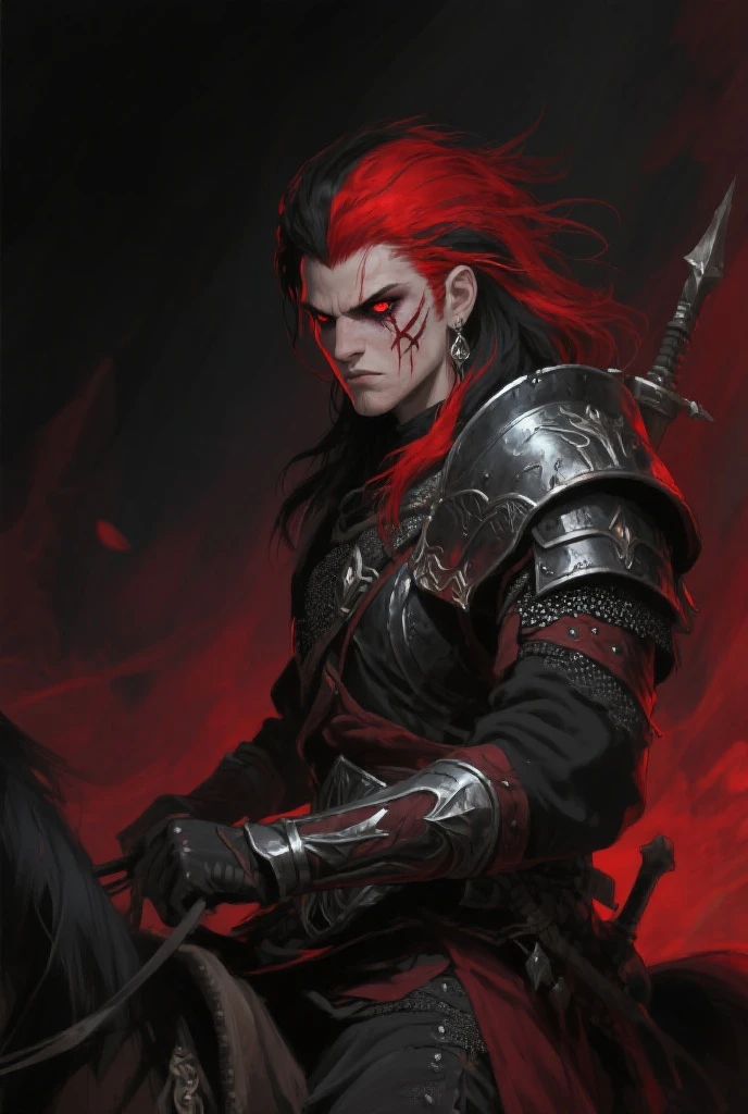a warrior a noble knight prince of a kingdom wearing dark black and red armor a demonic armor this warrior is young and has hair as red as blood he is the prince of a dark and dark kingdom his hair is of medium fulfillment and his eyes are red as dragon eyes he is of the draconian familyred lights make up the image along with black smoke and dark magic in the background on the horizon A Dark Red Sky Volcano A Medieval Art for RPG