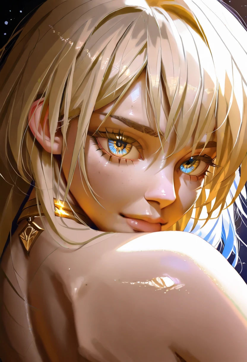 masterpiece、Highest Quality、Ultra High Definition、photorealistic、8K UHD、Super Detail、close to face with buttocks、Focus on the eyes、blue and golden eyes、A color with extreme emphasis on gold and blue、Eyes drawn in incredible detail、Ultra high definition animation CG、Realistic eye texture、cinematic light、Visiosomni