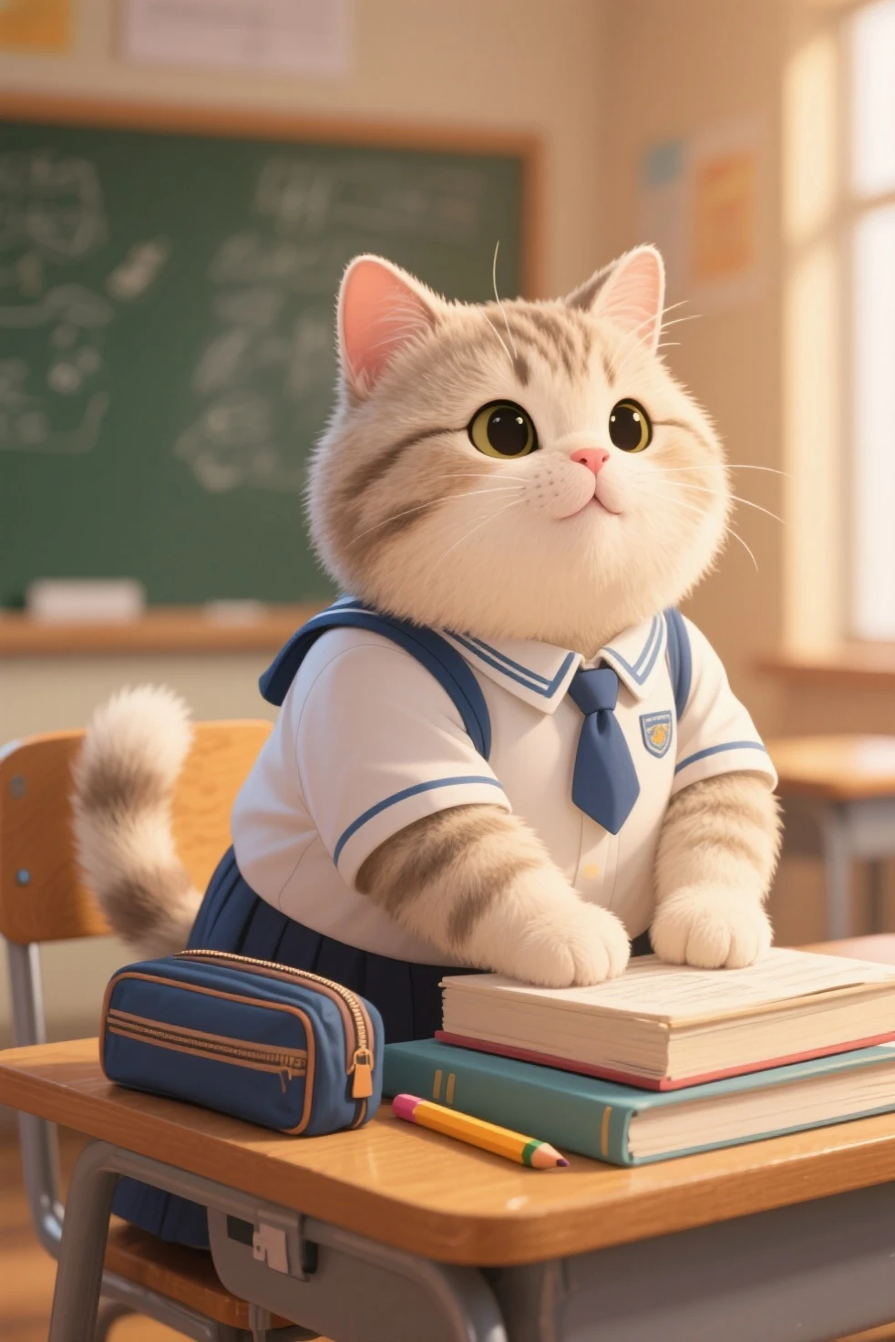 cat crying, wearing school clothes. On School with friend.