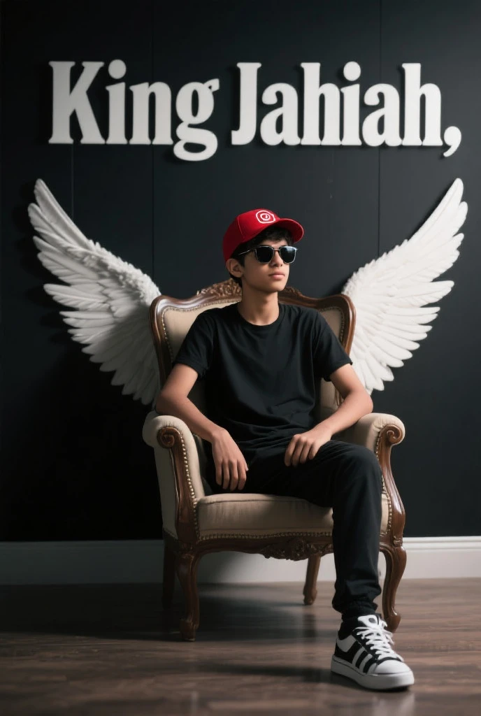Create realistic image a Boy is sitting king chair with Black and blue wings and behim him the colour of the wall is gray on which Ratul written in curve style