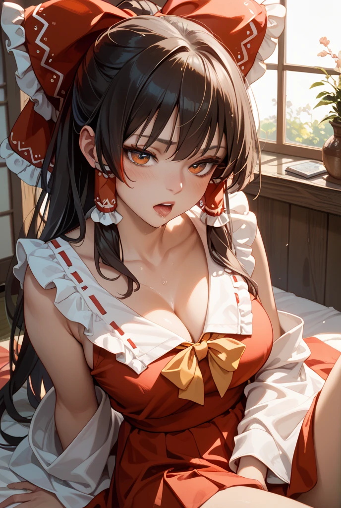 Open mouth climax face、(my breasts are wet with milk、)Climax Face、Long wavy hair and braids、Realistically、(Two 26-year-old women hugging each other)、Wearing a red and yellow lace camisole，，Big Breasts，Accentuate your cleavage，Looking up from below，blush，moist pink lips，sexy，Own，Please open your mouth wide、Place your arms behind your head、Wear underwear