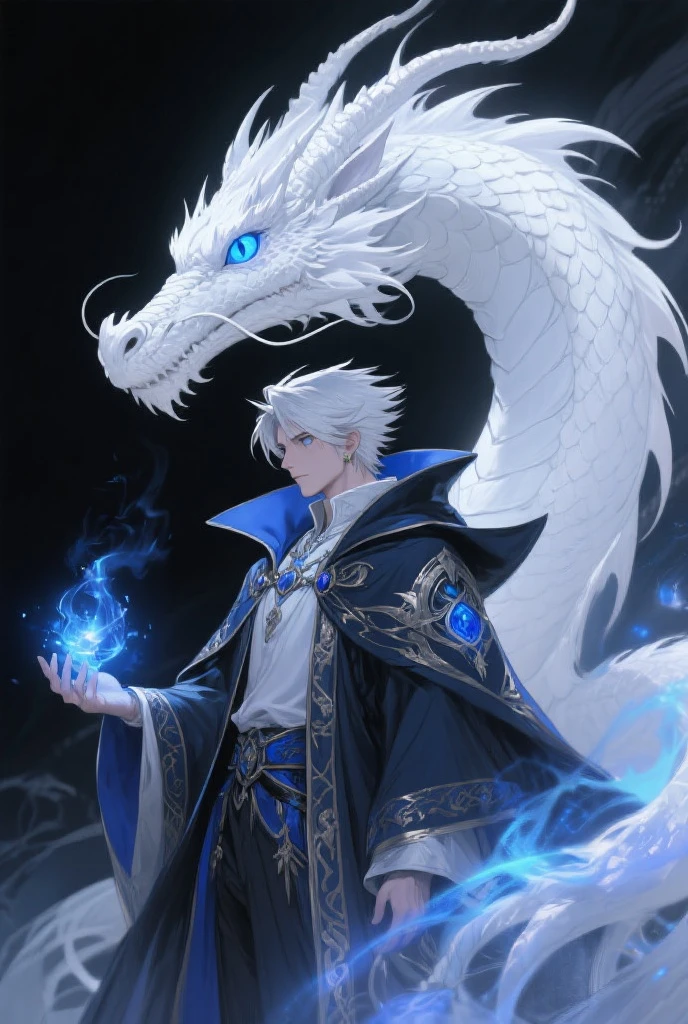 Anime. Homme 30 ans, cheveux mi-long bleu-gris, en robe de magicien de couleur bleu avec des coutures cyan, ne souris pas, pas de barbe. De son écart émane de la magie de glace. Vue de face. Derrière lui est un immense serpent marin semblant composé d'eau et émergeant de la mer Léviathan. Mer en arrière-plan.