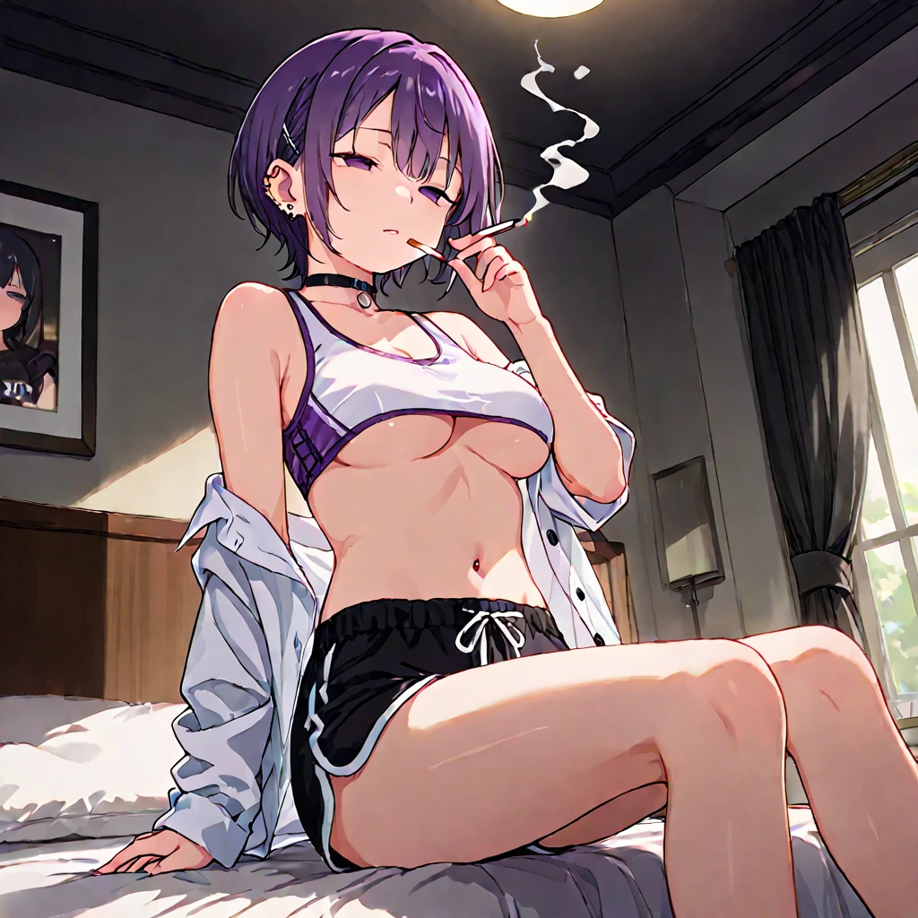 ngAyane, purple hair, red eyes, headband, medium breasts, cleavage, parted lips, miserable, white shirt, panties,
(hot, sweating:1.2), navel, nobra, see-through, underboob, legs apart, inner thigh, pussy,
indoors, sitting, relaxing, fanning face, leaning back, exhausted, sweat
<lora:detail_slider_v4:2.0> <lora:doaayane-novowels:0.7>