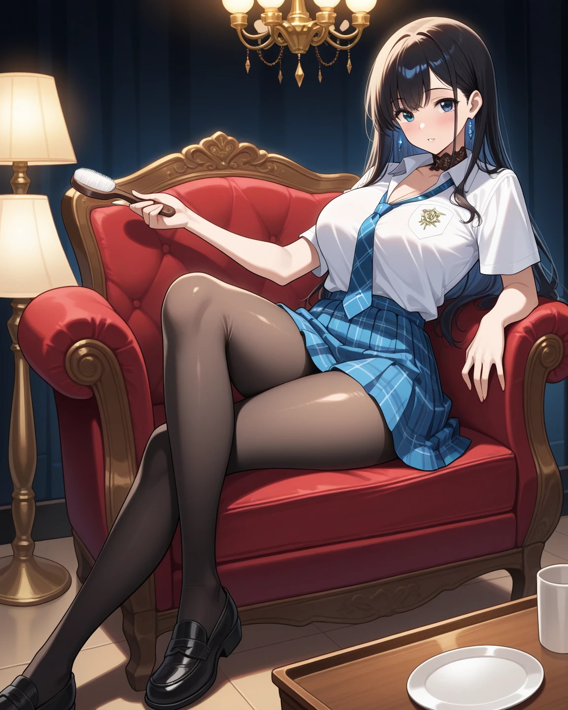 Anime girl with very big breasts and very big ass, full body Xianxia, small curvaceous loli, sitting on a chair, black hair long, (pov), (library), (open legs), (school uniform), (hide crotch with books), (succubus)), pixiv3dcg,, negao, pixiv, ecchi, full body commission four, top rated on pixiv, ecchi anime style, seductive anime girls, pixiv