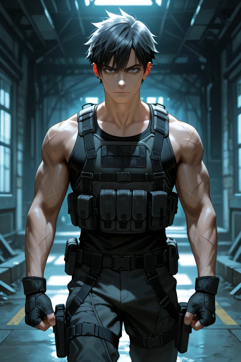 "Create a photorealistic illustration of a dark-skinned man in a dangerous situation in an underground location.
The man has strong, angular features, with tanned skin and short dark hair. His blue eyes convey an expression of alert and concern. His body is muscular and athletic, and he firmly holds a firearm with firm, ready hands. In addition to wearing dark clothes.
He is in a dark, underground environment, possibly a tunnel. Stone or concrete walls create a feeling of confinement and isolation. The lighting is dim and shadowy, casting unsettling shadows across the character's tense face.
The composition of the scene should create a feeling of imminent danger, with the character in an alert position, ready to react to an unknown threat. The lighting and color palette should convey an oppressive and threatening atmosphere, accentuating the tension of the situation.
Through facial expression, body posture and hostile environment, the illustration must convey a sense of vulnerability, adrenaline and the urgent need for survival. Realistic details, such as the texture of the weapons and the determined expression of the character, should reinforce the authenticity of the scene."