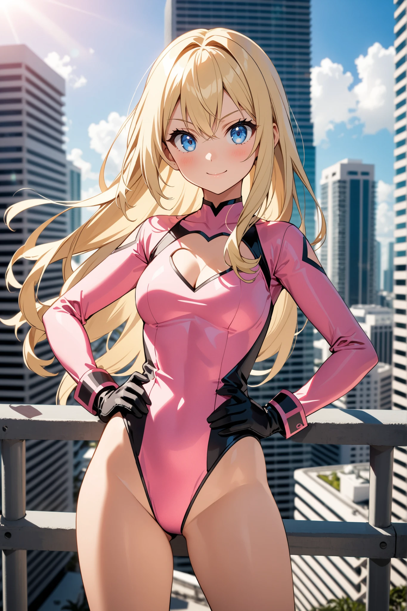 ((masterpiece)), ((best quality)), ((highres)), 1girl, solo, superhero, bare legs, ((matching pink knee boots, matching gloves)), sleeveless, looking at viewer, city backdrop, perfect hands, perfect eyes, perfect legs, perfect arms, perfect fingers, medium breasts, ((medium pink leotard)), standing, blonde hair, long hair, blue eyes, cute face, hair down, bangs, (cleavage cutout, heart cutout), (white thigh high pantyhose)