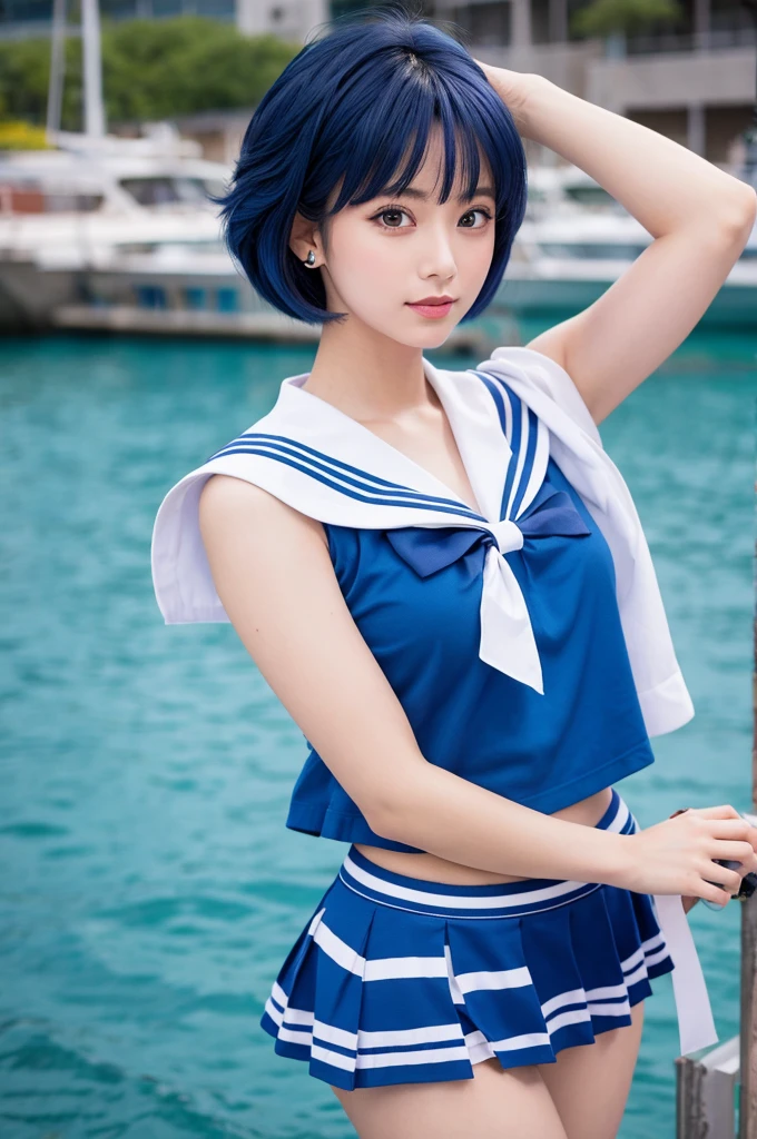 Full Body Shot,Ami Mizuno, (sailor mercury, neck ribbon, blue hair, short hair, circlet, jewelry, crescent earrings),Sailor Mercury. beautiful, whole body,water star,looking at the camera