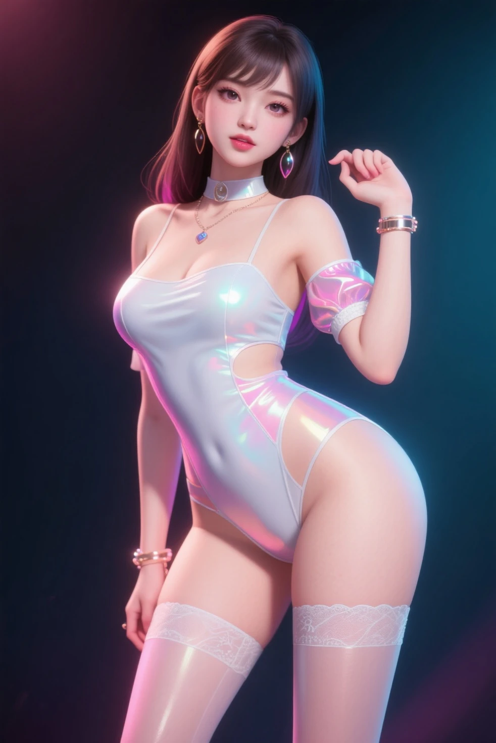 (masterpiece, best quality:1.2), diamond_bra,black hair,, ponytail, breasts, 1girl, blurry background, parted lips, panties, pussy, moon, jewelry, stomach, shiny clothes, underwear, long hair, shiny