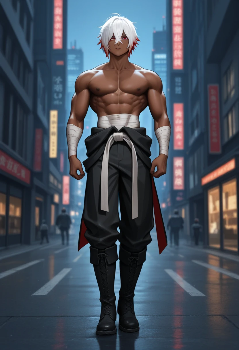 A man with six packs, scar on his head wearing a ninja pants stylish and handsome, 6feet height, anime