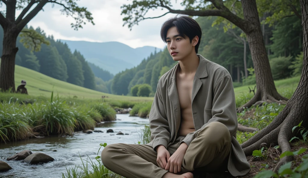 Sexy young asia boy loses his clothes and his trousers laying on the floor near by torii