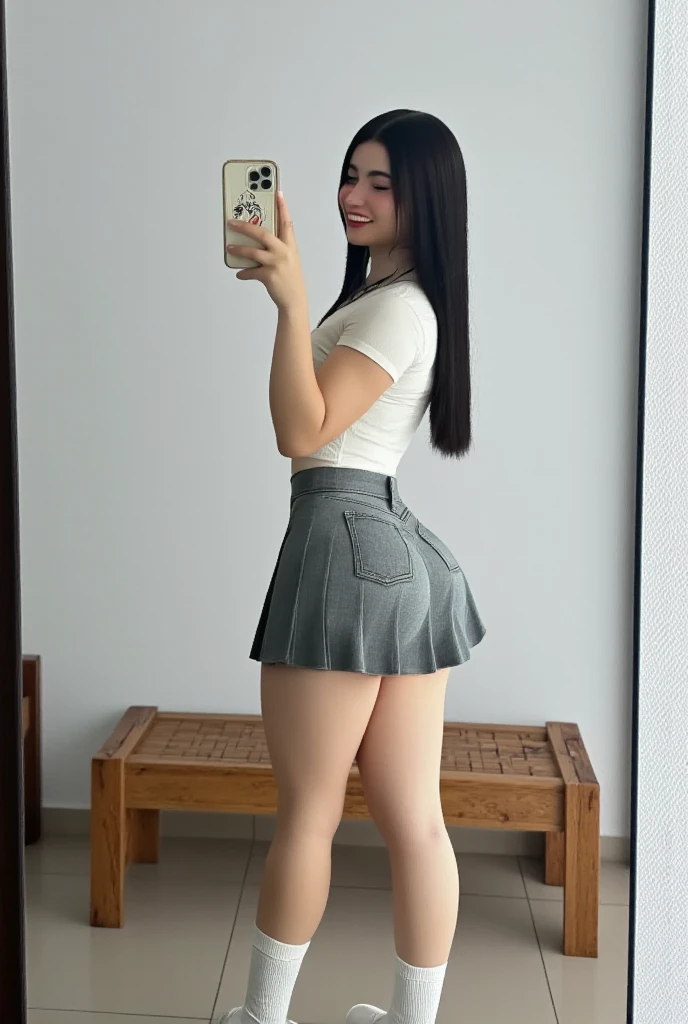 mulher tirando uma foto sua com o celular, Pose sexy, pose satisfeita, cute face with arms and legs, segurando uma pose de pudica, coxas expostas, pose casual, agachada, pose lateral