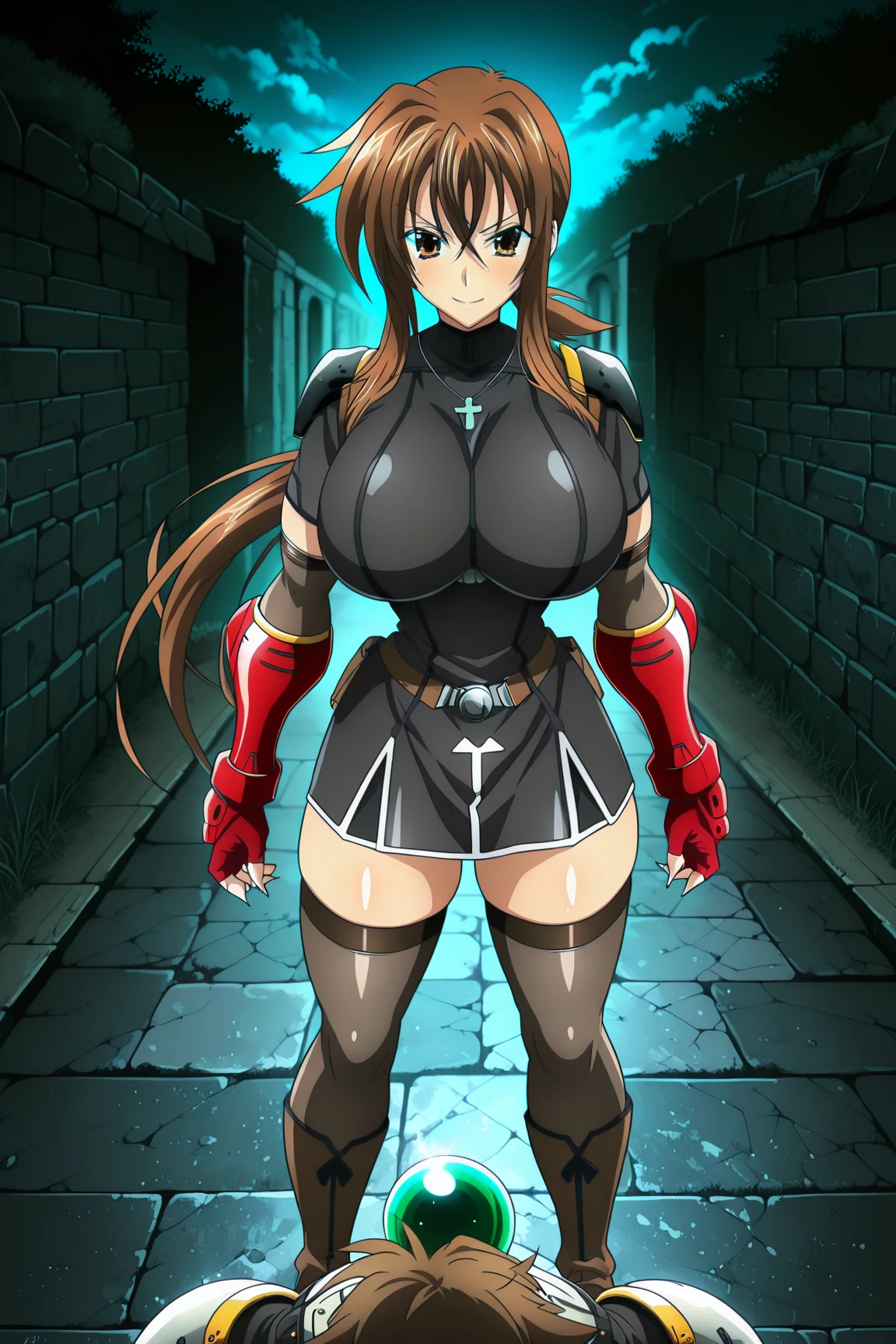 (masterpiece, HI quality: 1.1) 1girl full body standing good face, nice ass, hairstyle: braid, Color Hair: long hair, Blindfolded: NO EYES, Skin: White (porcelain skin, sparkly skin), muscular, thighs, Mature woman, Abs, looks at the viewer smiling, extremely huge breasts, maternal, chest cover with clothes (Ingrid/Ingrid (Taimanin Series) LoRA) (Ingrid/Ingrid (Taimanin Series) LoRA) (Hell knight ingrid (anime style) Demon Knight Ingrid (OVA))