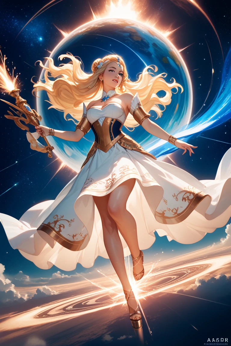 The goddess of wrath stepped on a person with a sharp sword,white streamer,Delicate and radiant skin,Barefoot,(Long curved eyebrows),Beautiful eyes sparkle,The large, Jewel-like eyes sparkle,Clear pupils have reflected light,二重まぶた,Lying silkworm,looks into camera,((Plump and rosy lips)) Clearly visible,((Flushed cheeks)),The mandible is plump,Green skin is delicate and smooth,Delicate skin translucent,The streamers on the body are wrapped around the leaves,jewel embellishment,A delicate and dexterous crown,inlaid gemstones,Delicate and skillfully set gemstones,(Yellow dress),Perfectly designed jewelry is exquisite,Beautiful eyes looking directly at the camera,(((nice hand))),((((Good feet))),(((good legs))),realisticlying,white skinned,((Correct body structure)),Golden costume,Blue sky,Head background with round light,Behind him is a colorful rainbow circle,Color glow is turned on,Front lighting,Positive light,No shadows on the face,There are no shadows on the body,Blue sky,Unreal space,ethereal world,dreamworld,with blue sky and white clouds,tmasterpiece,4K,ultra-definition,professional photoshooting,Perspective looks up,Standard lens shooting,