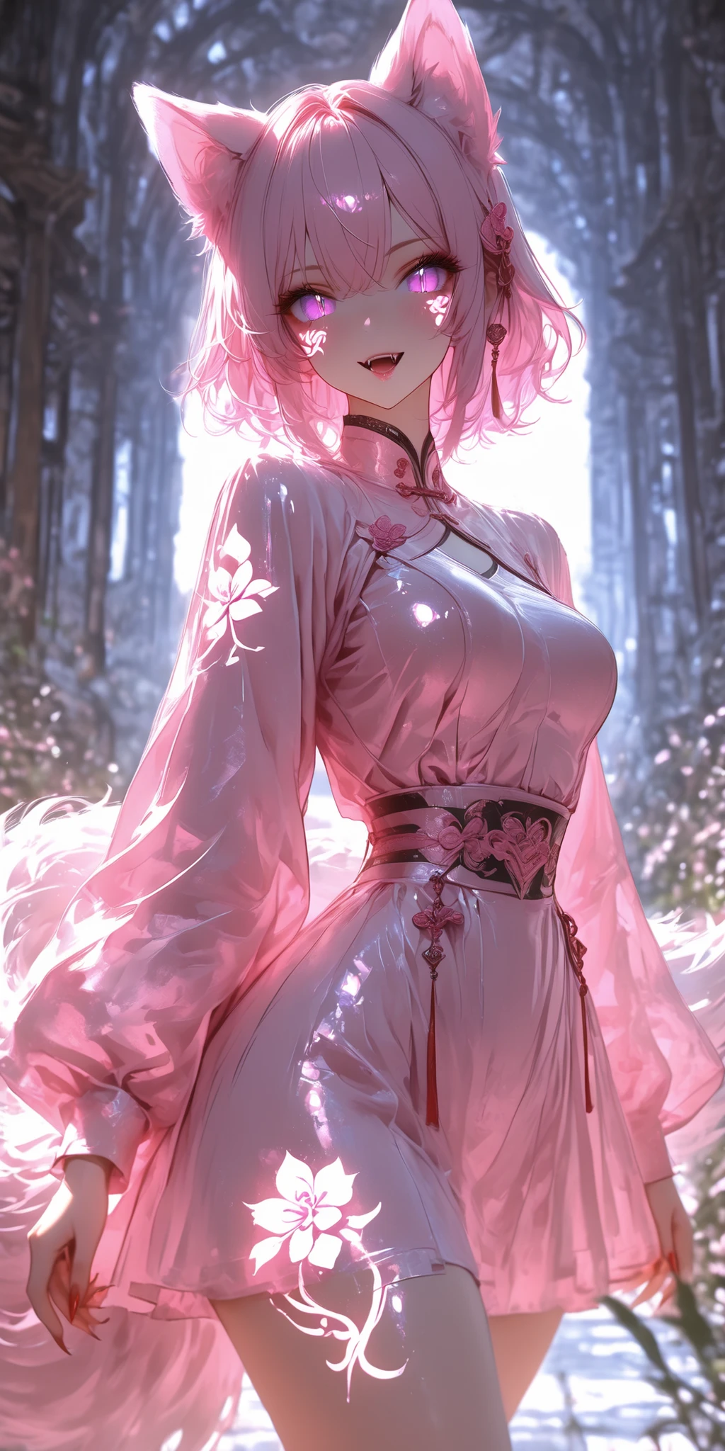 masterpiece, best quality, amazing quality, very aesthetic, absurdres, highres, newest, HDR, 8K, high detail, intricate detailed, smooth shading, masterful shading, glossy surfaces, subtle lighting, high contrast, chiaroscuro, impasto, dak depth, depth of field, scenery, 1girl, violet eyes, light pink hair, short hair, cool, beautiful, medium breast, very cute, lovely, kawaii, wolf girl, slit pupils, wolf ears, long pointy pink fluffy wolf ears, long fluffy wolf tail, red claws, floral tattoos, tattoos, glowing tattoos, pink lips, pink diamond on fangs, sharp fangs, violet qipao, barefoot, walking in the garden of the oriental temple high in the mountains