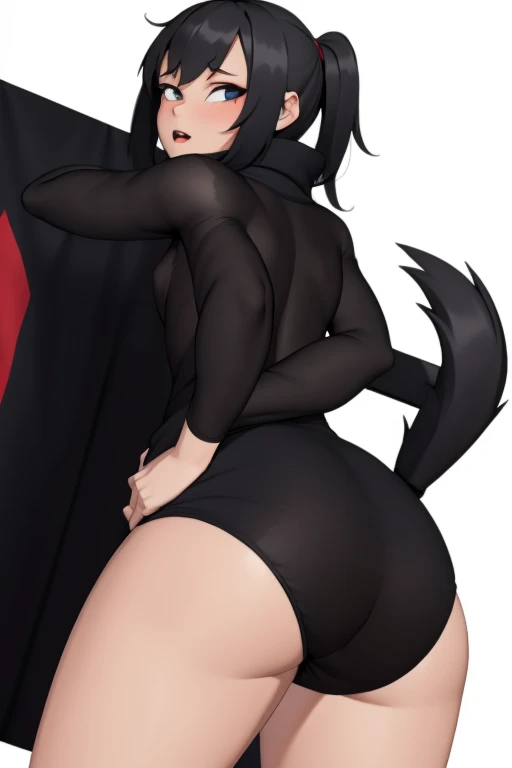 score_9, score_8_up, score_7_up, score_6_up, uncensored, black hair, red eyes, purple lipstick, hair between eyes, long hair, short pointy ears, pale skin, BREAK (detailed eyes:1.5), (perfect hands, perfect anatomy), Anime Style, Manga Style, Hand drawn, cinematic, Sharp focus, humorous illustration, big depth of field, Masterpiece, concept art, trending on artstation, Vivid colors, Simplified style, trending on ArtStation, trending on CGSociety, Intricate, Vibrant colors, Soft Shading, Simplistic Features, Sharp Angles, Playful, excessive sweating, sweating profusely, sweating drop BREAK, 1girl, gloves, solo, breasts, high heels, thighhighs, dress, black gloves, elbow gloves, ass, chinese clothes, black dress, china dress, latex, thighs, large breasts, jewelry, earrings, looking at viewer, platform heels, thong, platform footwear, latex legwear, panties, black thighhighs, latex gloves, colored shoe soles, feather boa, thick thighs, underwear, fighting stance, lips, covered nipples, pelvic curtain, shiny clothes, boots, leg up, black footwear, yellow background, makeup, thigh boots, high heel boots, bare shoulders, looking at viewer, half-closed eyes, seductive smile, upper teeth,