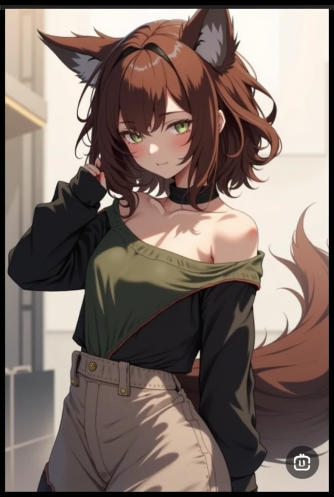 Dark brown hair and green eyes with wolf ears