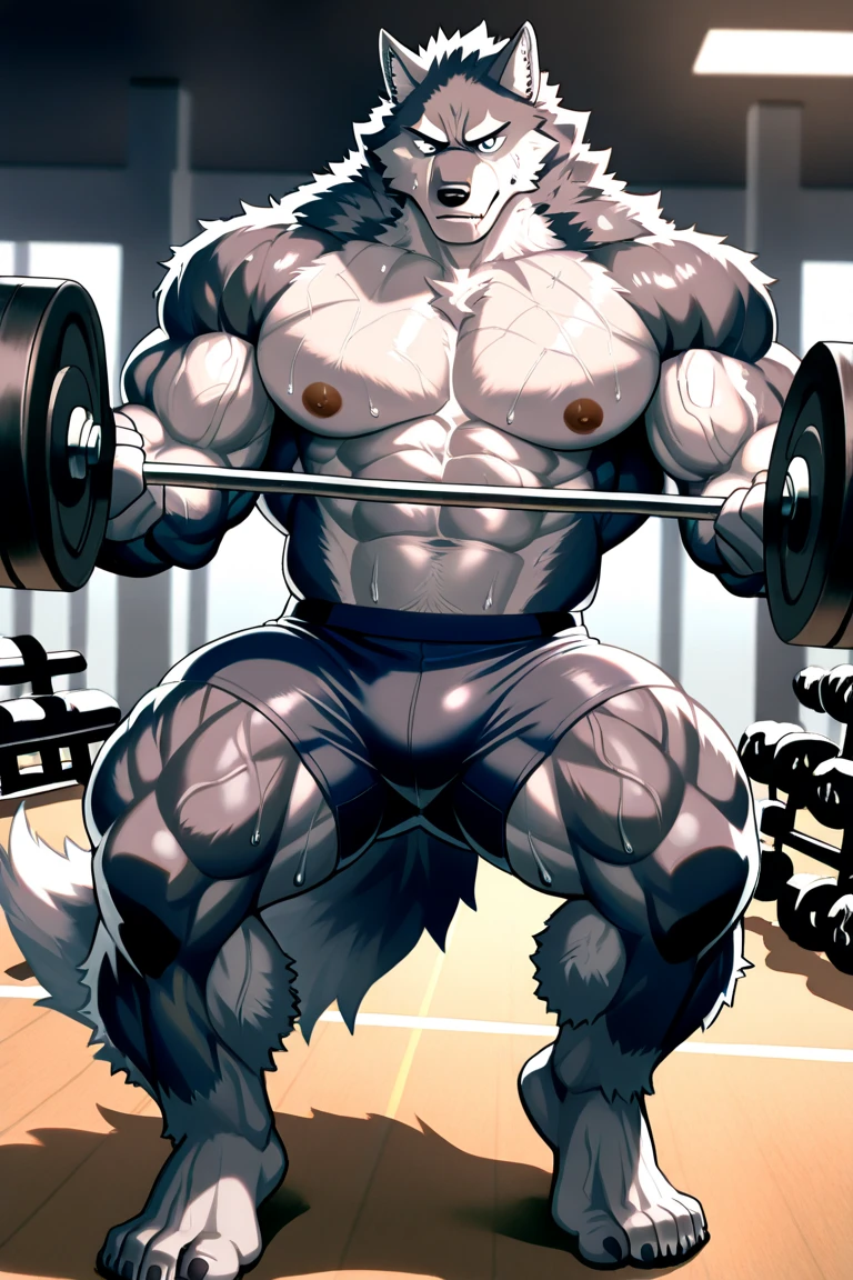 (Let the audience see perfect abdominal muscles)，Squat down，Big feet，Strong limbs，(Towels covered)，lift one leg，Silver fur，A lone wolf sitting on a barstool，close eyes，Sweat dripped down the curve of his muscular throat，Tilt your head back，Sweat on the heaving chest，Go lower。His body was abandoned，Sensitive flesh trembles，A faint growl came from behind the exposed fangs。effortless masterpiece，dramatic lighting，soft light，Very detailed，Towel covering crotch，Strongest，Strongest，Strongest，Strongest，Strongest，Strongest，Strongest，Strongest，Strongest，Strongest，Strongest，Strongest，Strongest，Strongest，Strongest，Strongest，Strongest，