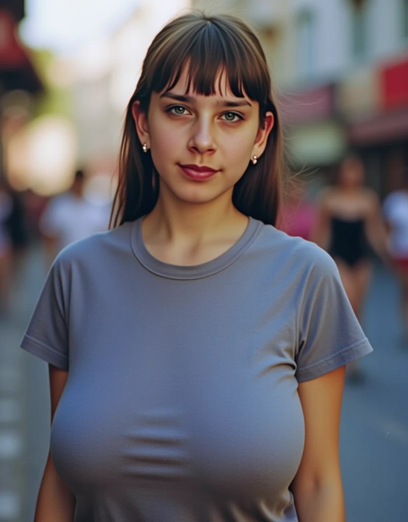 (best quality, ultra-detailed, photorealistic: 1.39), Face of naughty 20 year old teenager, bright and vibrant colors, studio lighting, romantic expression, Perfect big breasts, cute blouse, long sleeves, jeans, Short blonder hair, bob style, bangs flowing in the wind, attractive eyes, lips bright, sexy pose, smiling seductively, posing for a professional photo shoot, shallow depth of field, soft natural lighting, creating a dreamy and magical atmosphere, street, summer, sunny day, trees