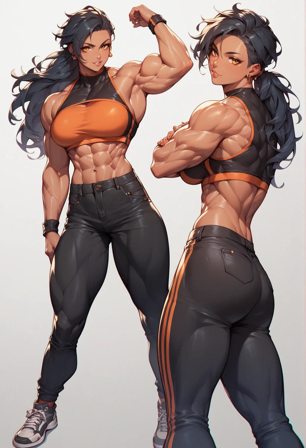 bodybuilder, pretty face, serious face, perfect body, fit body, abdomen, big breasts, muscular, female