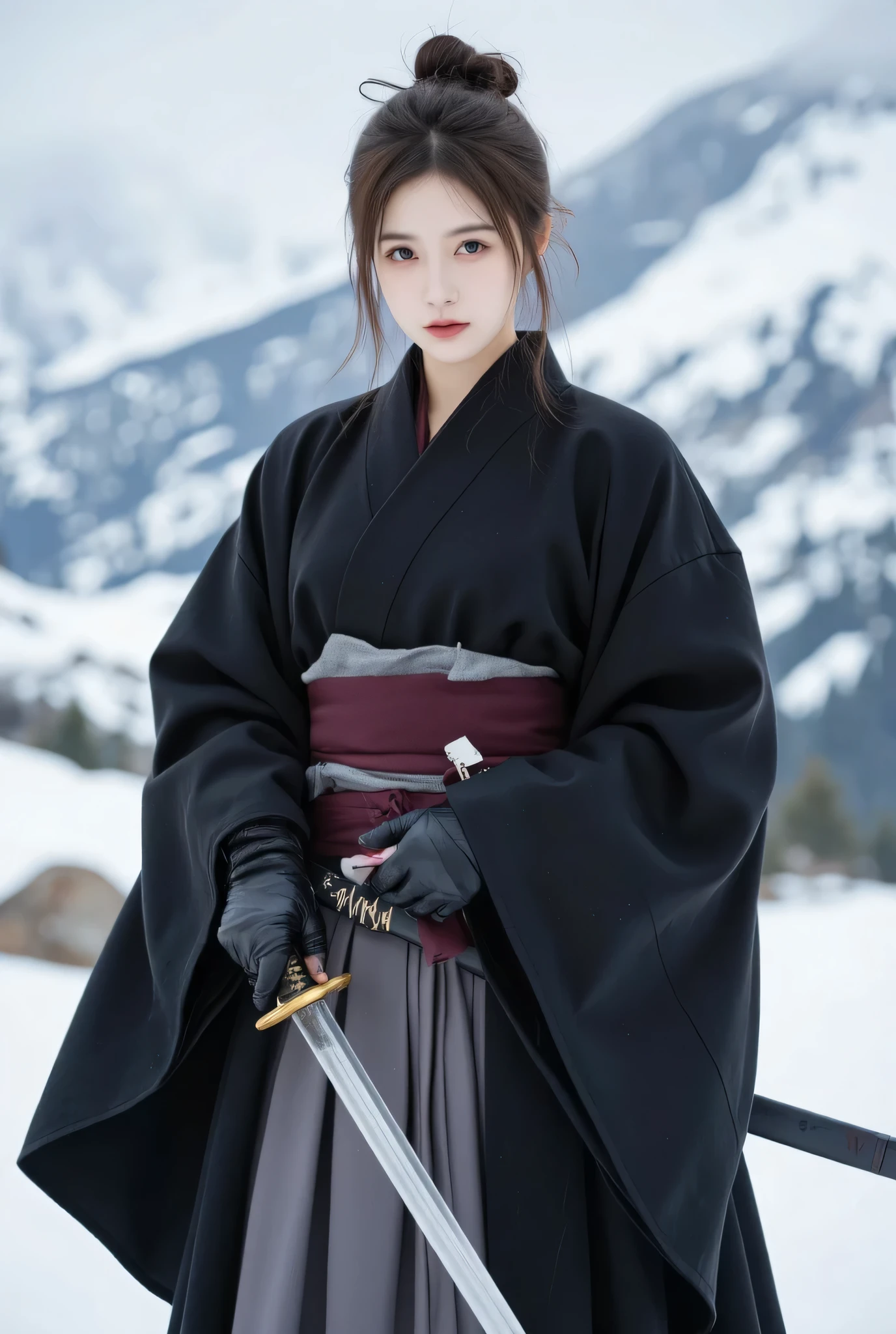 A beautiful young female samurai warrior standing in a snowy landscape, wearing a traditional black kimono with wide flowing sleeves, layered over a muted grey pleated skirt, tightly bound with a deep maroon sash around her waist. She has long dark brown hair tied in a loose, slightly messy bun with soft strands framing her face. Her expression is calm and focused, with a hint of melancholy. She holds a katana with a gold-detailed hilt in her right hand, ready but not aggressive. Her gloves are black and leather-wrapped around her forearms. A small dagger is strapped to her hip. The background is a cold, misty snowy mountain range, softly blurred for depth. Cinematic lighting, dramatic contrast, soft shadows, ultra-detailed fabric folds, realistic skin texture, highly detailed face, concept art, 4k, digital painting, fantasy realism, art by Wlop, artgerm, greg rutkowski, alphonse mucha