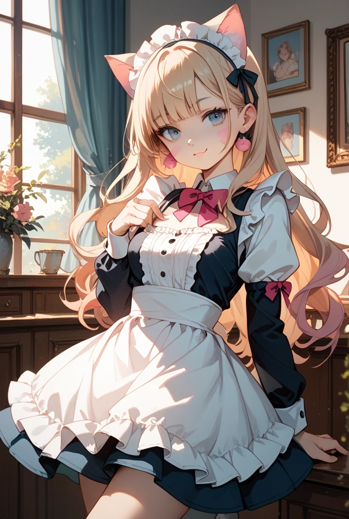 (Masterpiece:1.2, Best quality), hdr, intricately details, 1girll, 23years old,
Blonde hair, aprons, Animal ears,Smile, Own hands together, Door, dress, White apron, Indoors, Long sleeves, Blue eyes, view the viewer, Furry, Pink dress, Short hair, maid, maid apronl, Dog ears, window, bangs, standing, Closed mouth,blackstockings