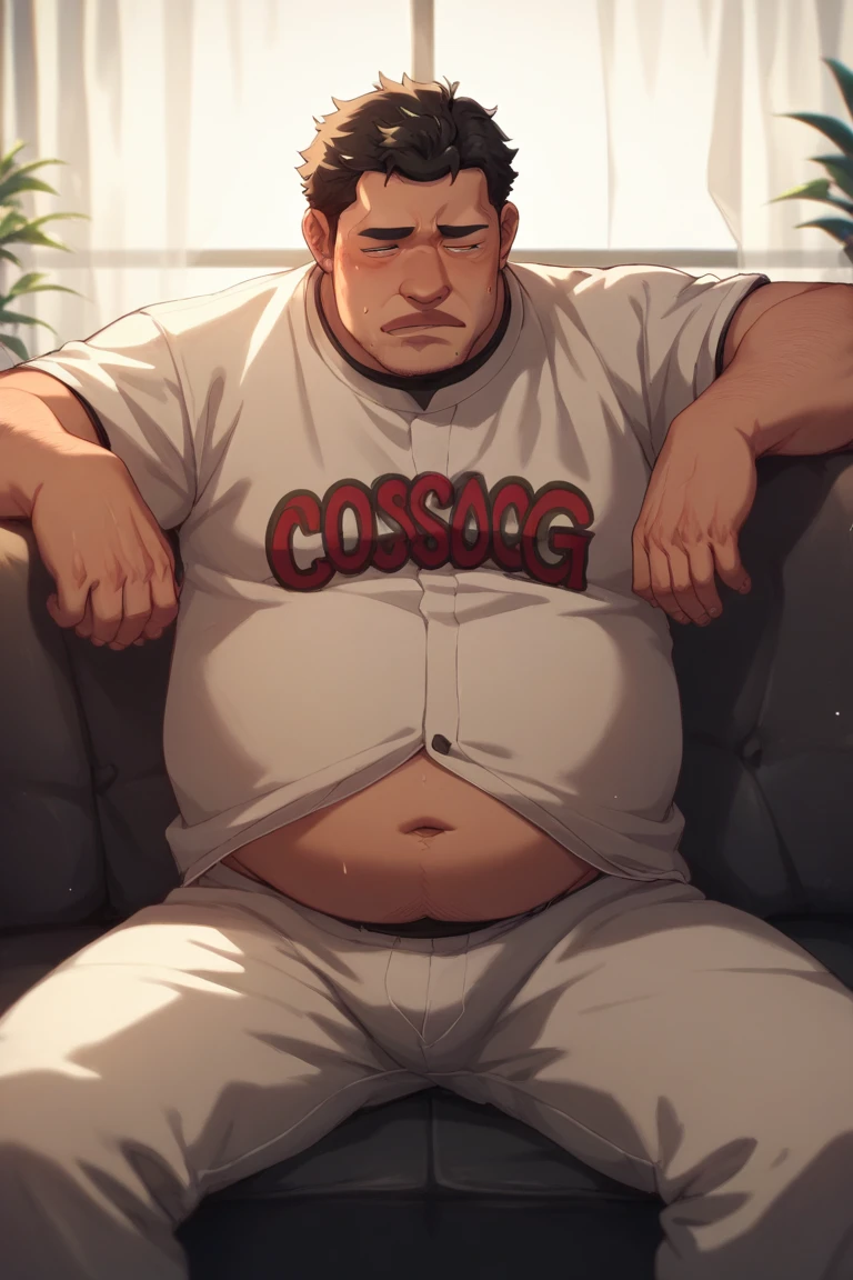 Japanese stout middle-aged man in his 40s,abdominal protruding obesity、short and small,Short limbs、round worm、unshaved、black short curly hair,I sit on the chair in the room,trend.,Wipe it'crotch,Dirty light gray simple sweat suit、Illustration anime style, he gasped,blushing with excitement., 4k, Ultra high quality, Masseter muscle film