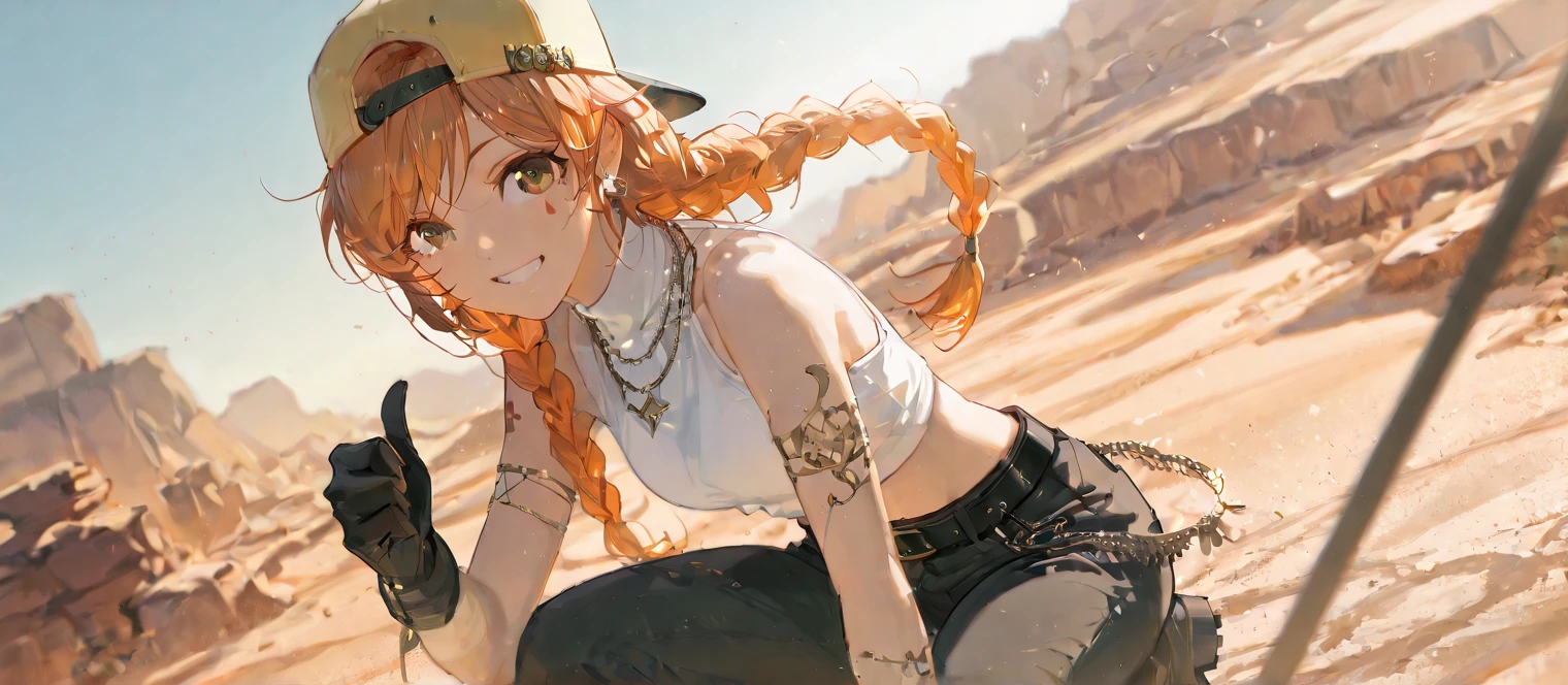Cute girl sitting alone in the desert in wet clothes on a cactus