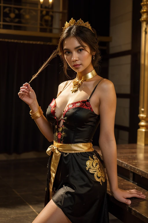 (ARMPIT), cleavage (best quality,4k,highres,masterpiece:1.2),ultra-detailed,realistic:1.37,beautiful and regal Javanese queen, dark and luxurious palace backdrop, long eyelashes,voluptuous and curvy figure,java wedding woman in black kebaya dress traditional, red lipstick, golden necklace, earrings, ornate, detail, jasmine and rose flowers,dazzling crown and royal attire,golden light illuminating the scene,vibrant and vivid color palette,soft and ethereal lighting,arrogant and alluring expression,erotic and elegant pose,serene and majestic atmosphere,rich cultural elements and symbols,meticulously captured body contours,subtle and tasteful sensuality,artistic interpretation of beauty,stylish and sophisticated composition