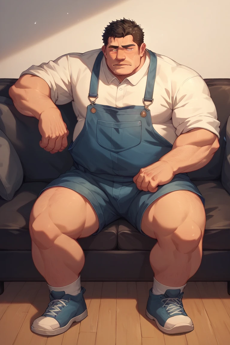 masterpiece,top-quality, 8K, Japanese nursery school, A fat man sits on the bed and spreads his legs in an M shape., Spread legs, nerdy, short legs, Bowleg, Bare legs, Shirtless, Wear white laces, Shy, Fat Man, Glasses, Black-haired man, Man with big face, Round face, Sweating