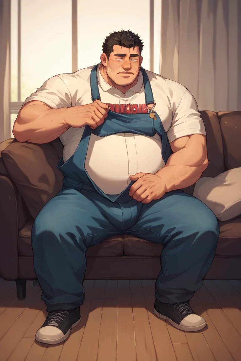 ​masterpiece,top-quality, 8K, rest area, Fat man lying on the bed and spreading his legs in an M shape, Spread legs, nerdy, short legs, Bowleg, Shirtless, wear wide-open coveralls, factory worker uniform, Shy, Fat Man, Glasses, Black-haired man, Man with big face, Round face, Sweating, out, hard, NSFW, Solo, Asian,