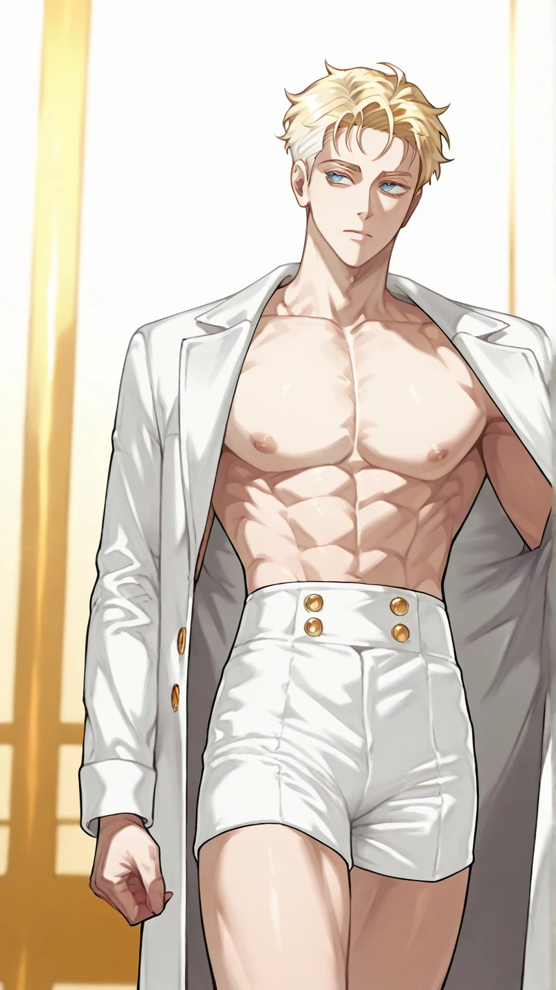 Ultra HD, Super quality, masterpiece, no underwear, blonde short hair, 17 old a boy, solo gay boy, Gay Hentai Anime, Nice body, ((Beautiful anime boy face:1.3)), alone bedroom, full body, sexy body, micro leather shorts, crotch emphasis, sweet, prostitute boy, blushing and smile face, Upper body naked