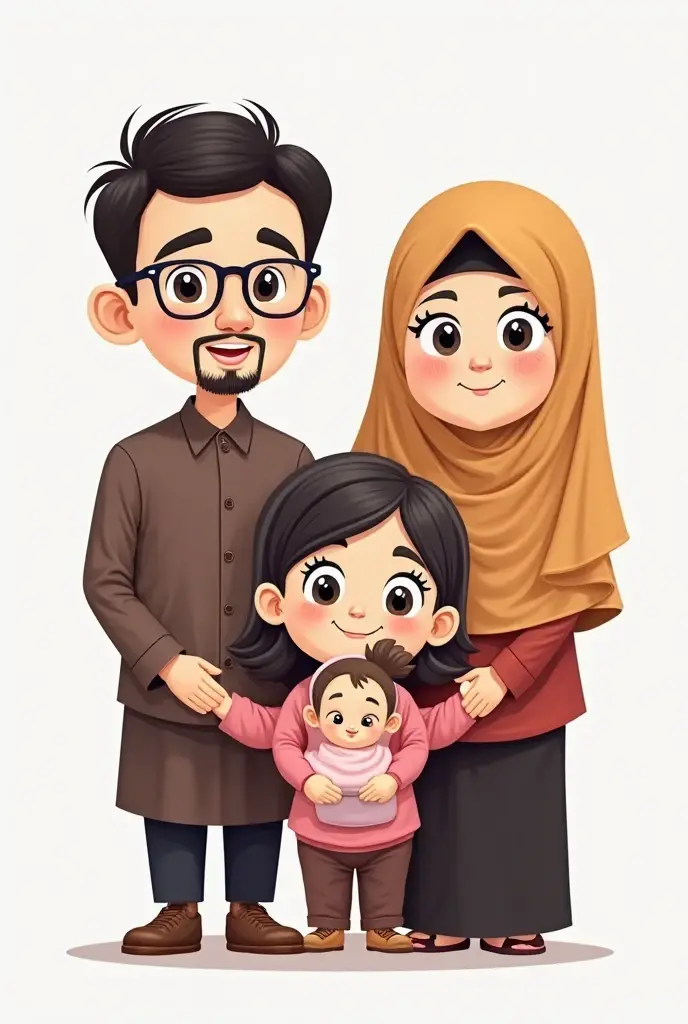 Create anime avatar family portrait of a Bangladeshi Muslim family with five members.
1)The mother is a 45-year-old overweight woman weighing 90 kg wearing hijab and abhaya .
2)The father dark brown skin tonned is a 65-year-old man with a white beard, wearing a cap and
Punjabi .
3)A adult man skin tonned brown 21 years old, wearing glasses, a shirt, and pants.
4)A adult women skin tonned brown 19 years old adult women, wearing hijab and glasses .
5) A boy is brown , dressed in Islamic clothes plain background.