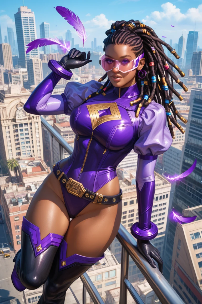 ((realistic: 1.5)),((best quality)), ((masterpiece)),((detailed)), woman, Dreadlock hair, brown eyes, black skin color, focus on face, mature, sexy, long legs, curves, medium breasts, yellow and white superheroine outfit, thick thighs, wide hips, long eyelashes, on top of a building --auto --s2
