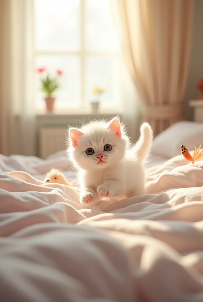 Please see the explanation below.、Please draw realistically。

In this photo、Two adorable kittens are pictured。The features are explained below:。

1. **Kitten appearance**：
   - The kitten on the left has brown and white fur.。The face is round、It has distinctive large black eyes。
   - The kitten on the right has pure white fur.、It also has big black eyes.。The ears are a little pink、Overall it&#39;s very fluffy。

2. **Background and environment**：
   - The kittens seem to be on the bed.、Wrapped in striped sheets。The sheets are white and grey striped.。
   - The kittens are peeking out from between the sheets、Only a little bit of it is showing up。

3. **Overall atmosphere**：
   - The whole photo is warm.、There is a homely and relaxed atmosphere。
   - The innocent expressions of the kittens are so adorable、It&#39;s a photo that gives a sense of healing to the viewer.。

This photo shows、Emphasizing the cuteness of pets、It&#39;s a heartwarming piece.。
