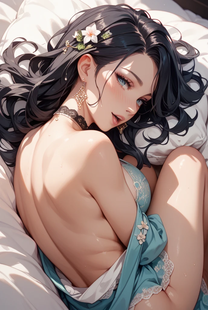 ((best quality)), ((masterpiece)), (detailed), perfect face,a woman,black hair,purple hair,Long curly hair,aldult,big breasts,nude,Black erotic underwear,Lying in bed,Smile,Exquisite face makeup,Diagram of mole on chest,Extend your index finger,