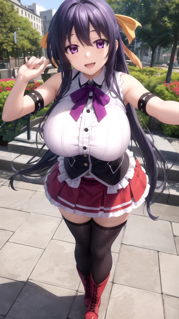 Woman 37 years old Cosplay as Yuki Asuna, KizukiAi, black hair , Brown eyes, huge breasts, long hair, Hair, big ass , very tight catbo thong, White gloves, white uniform, White boots, Red dress, Red Belts, big breasts,navel, split, mini skirt, from below, spread your arms,Very deep neckline 
(Best quality, masterpiece, Raw photo,ultra detailed:1.2), 1 girl,One,Looking at the viewer,smile, in the living room on the sofa )