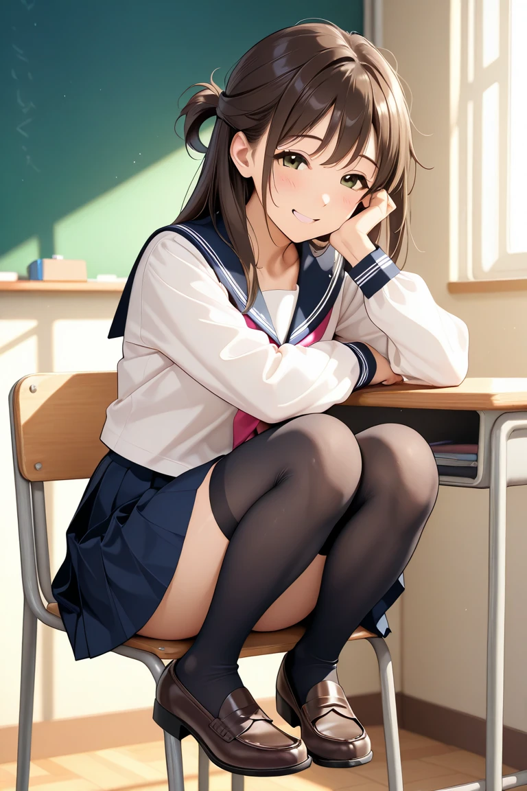 ((masterpiece、top-quality:1.5、a high chroma:1.5、ultra-detailliert、high-resolution illustrations:1.5、Ultra-high-definition CG、8k size wallpaper、offcial art))、(portrait,cowboy shot)、(1girl),Open mouth happy smile,cute face,
,(sitting,knees up:1.3),
,(sexy body),(sailor uniform,mini skirt),(long black hair), (medium breasts)、
(hair ribbon)、classroom,JK